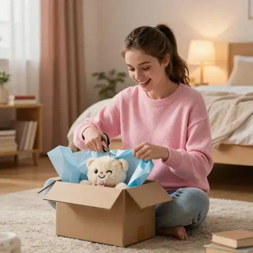 a person happily unboxing a package, showing the inner wrapping paper and product presentation