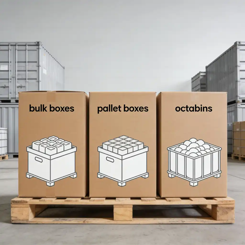 Several types of large bulk boxes on pallets