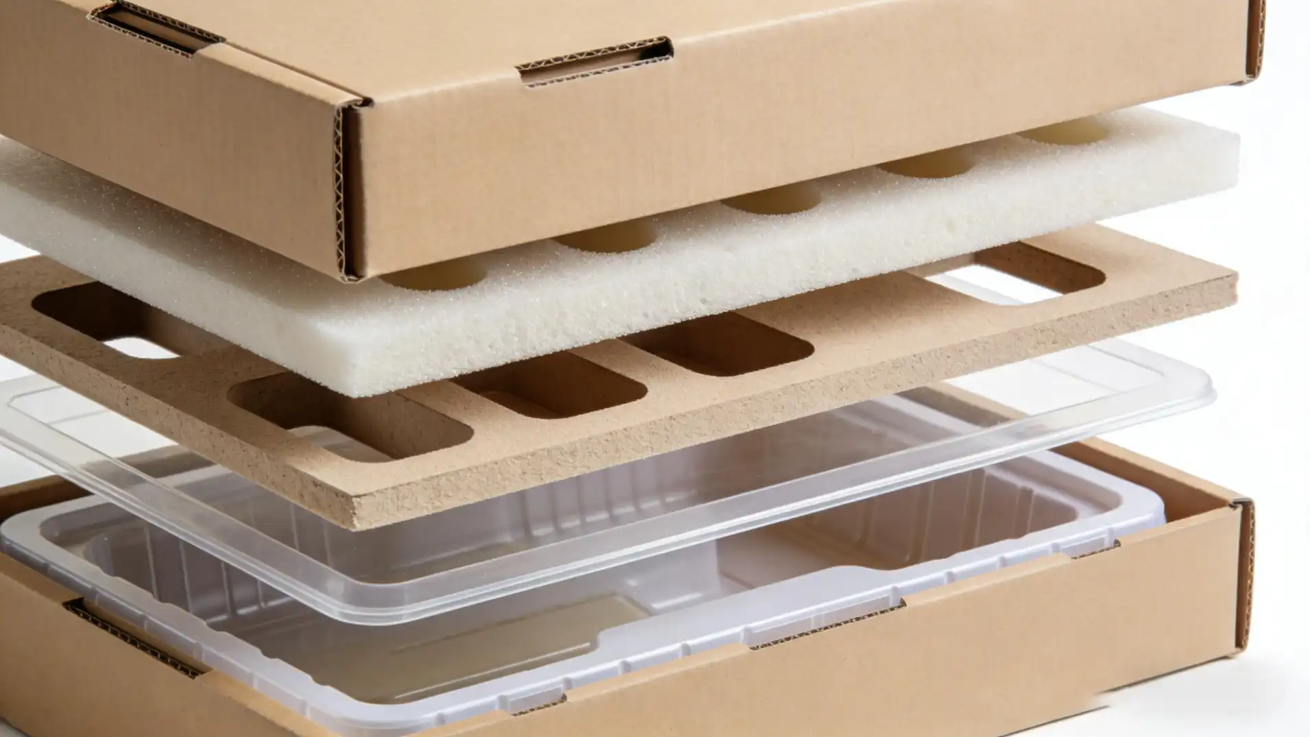 A multi-layered packaging solution with inner trays, foam, and a strong outer box