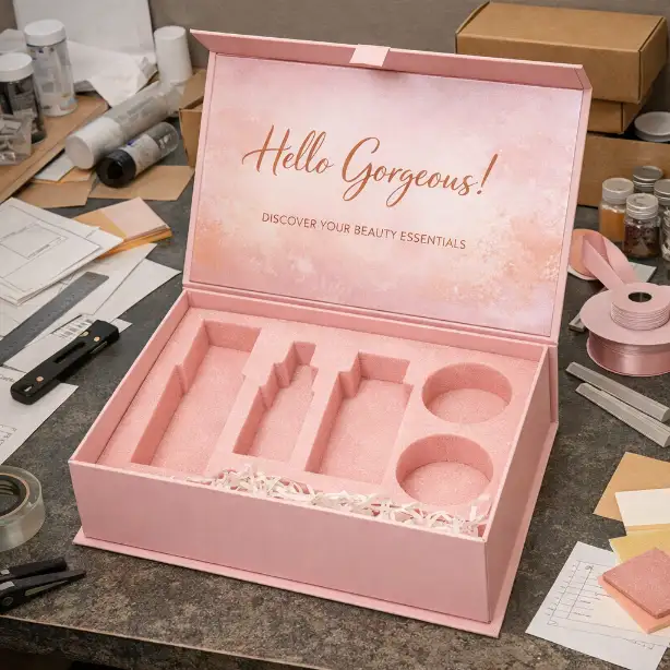 Beauty PR box prototype sample reviewed on worktable before production