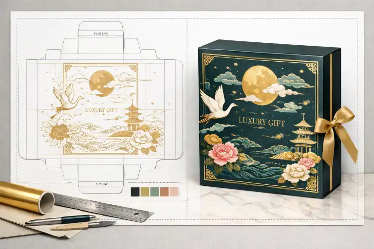 Luxury gift box artwork setup on dieline with printed packaging sample