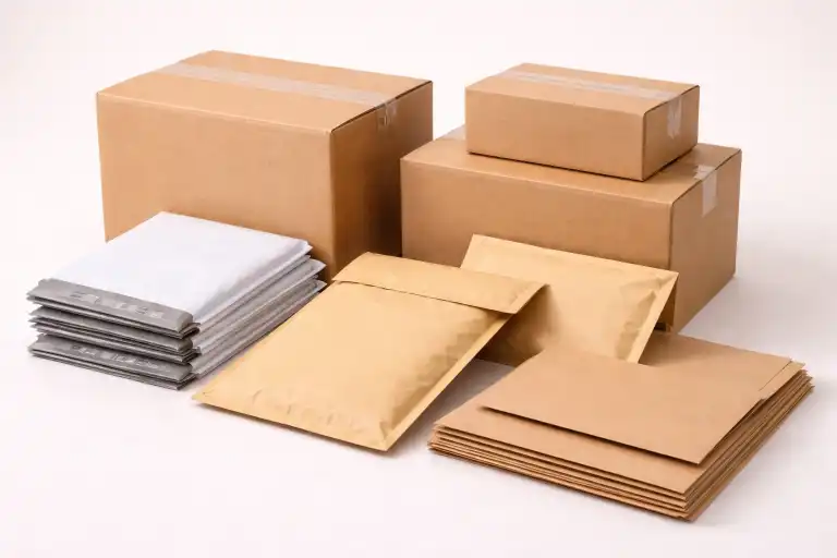 An array of discreet packaging materials like boxes and mailers