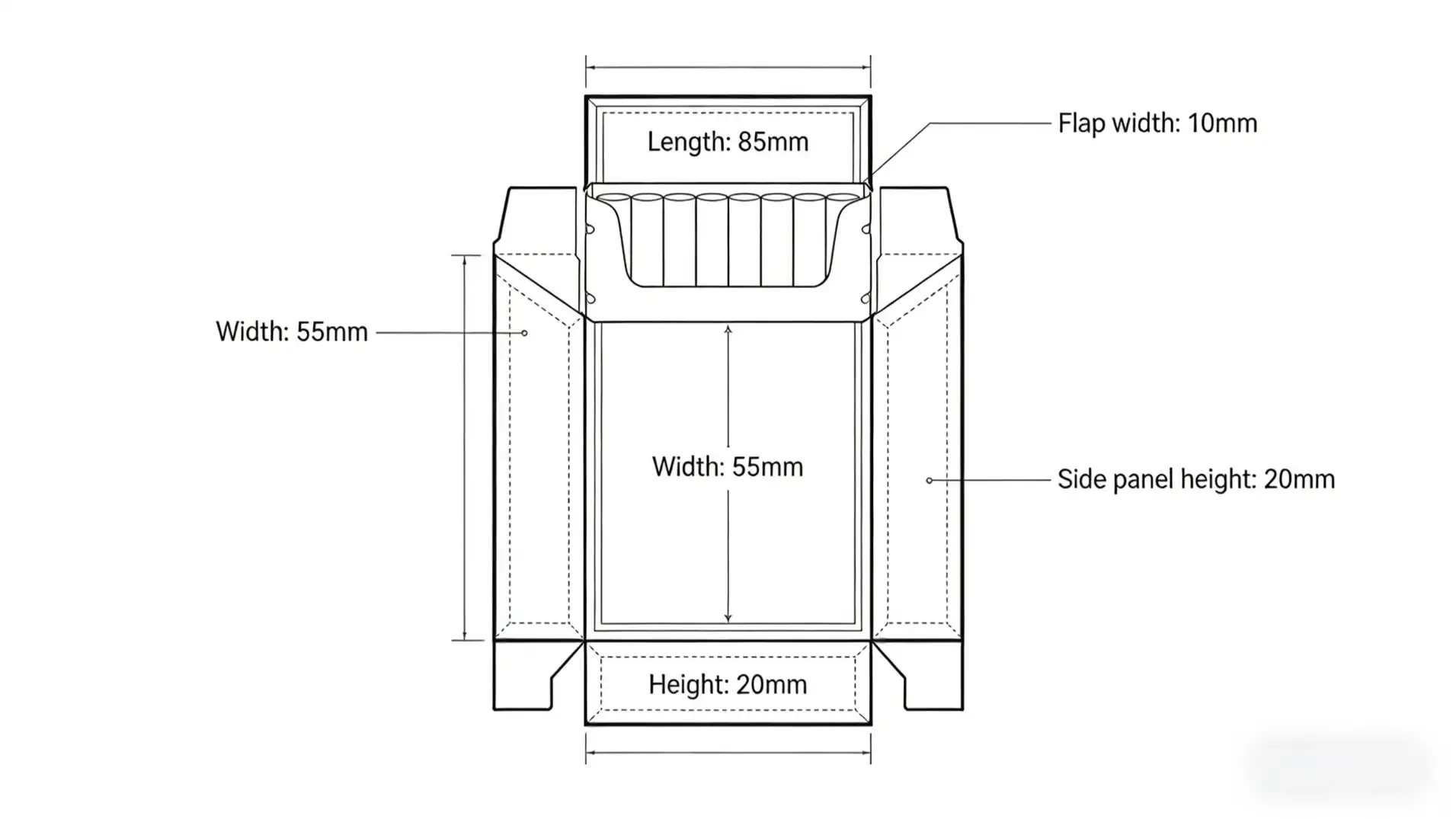 A blueprint of a cigarette pack design showing dimensions