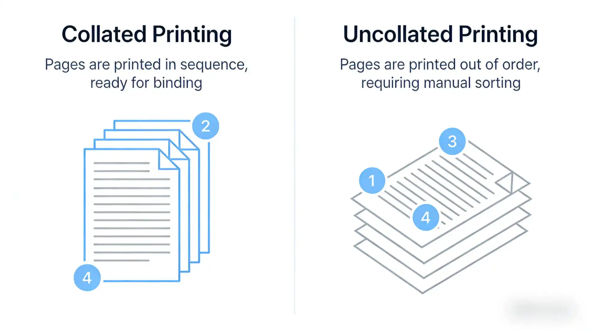 A diagram showing the difference between collated and uncollated printing
