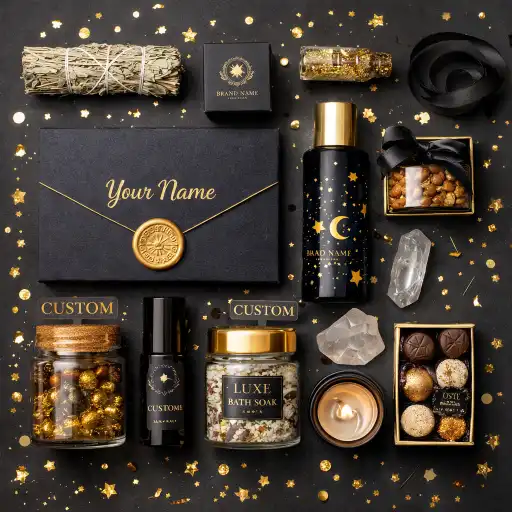 A flat lay of items inside a beautiful PR box