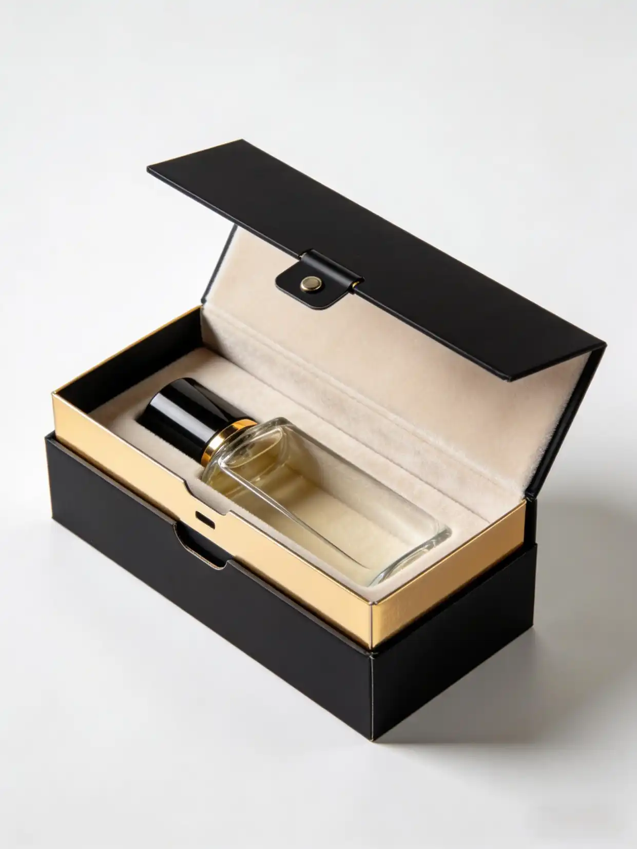 A perfume box with a unique opening mechanism that is still easy to manufacture