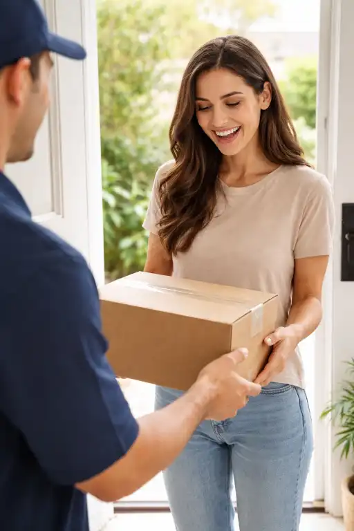 A customer happily receiving a discreet package