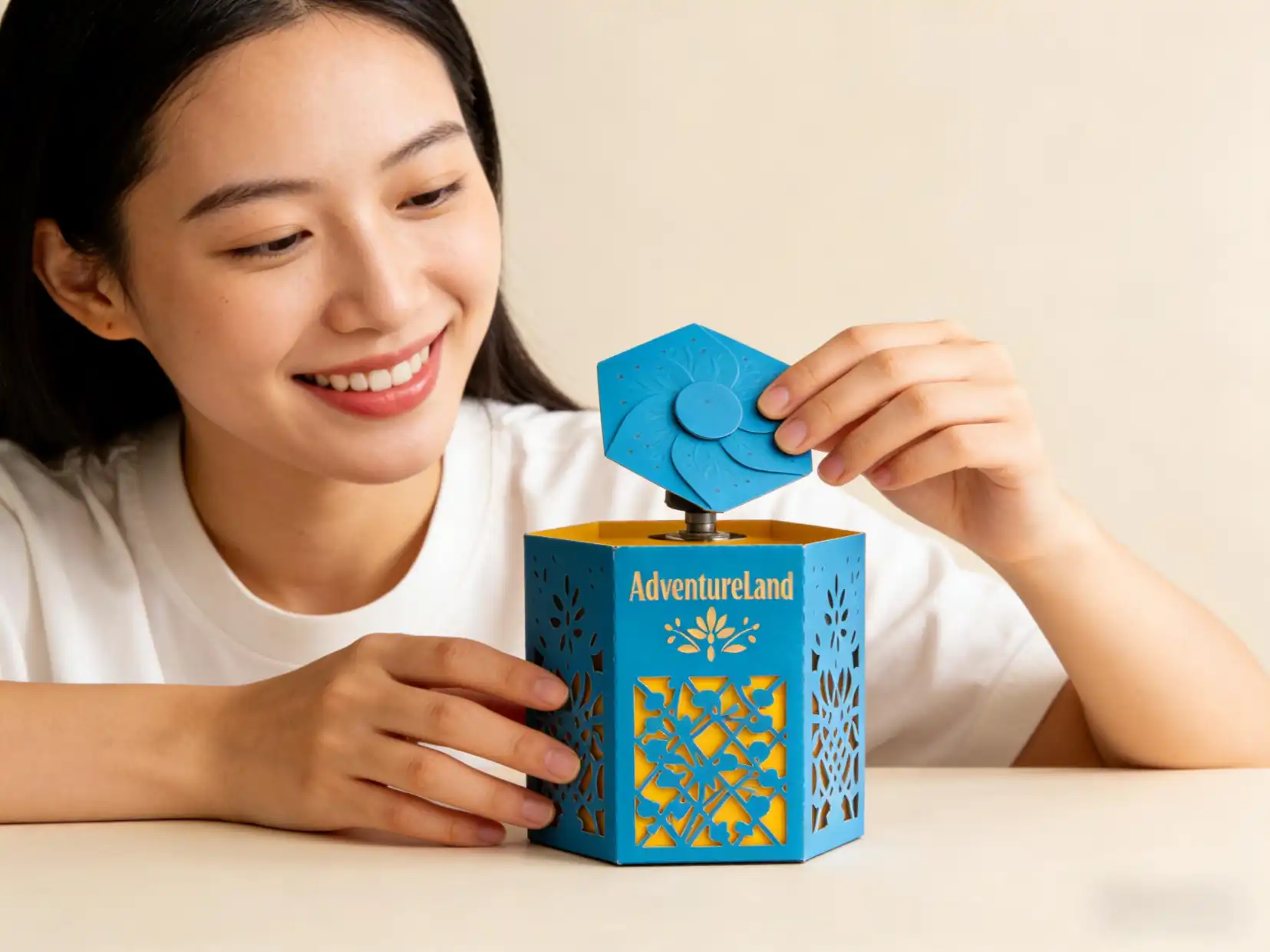 A customer smiling as they interact with the unique opening mechanism of a twist top box.