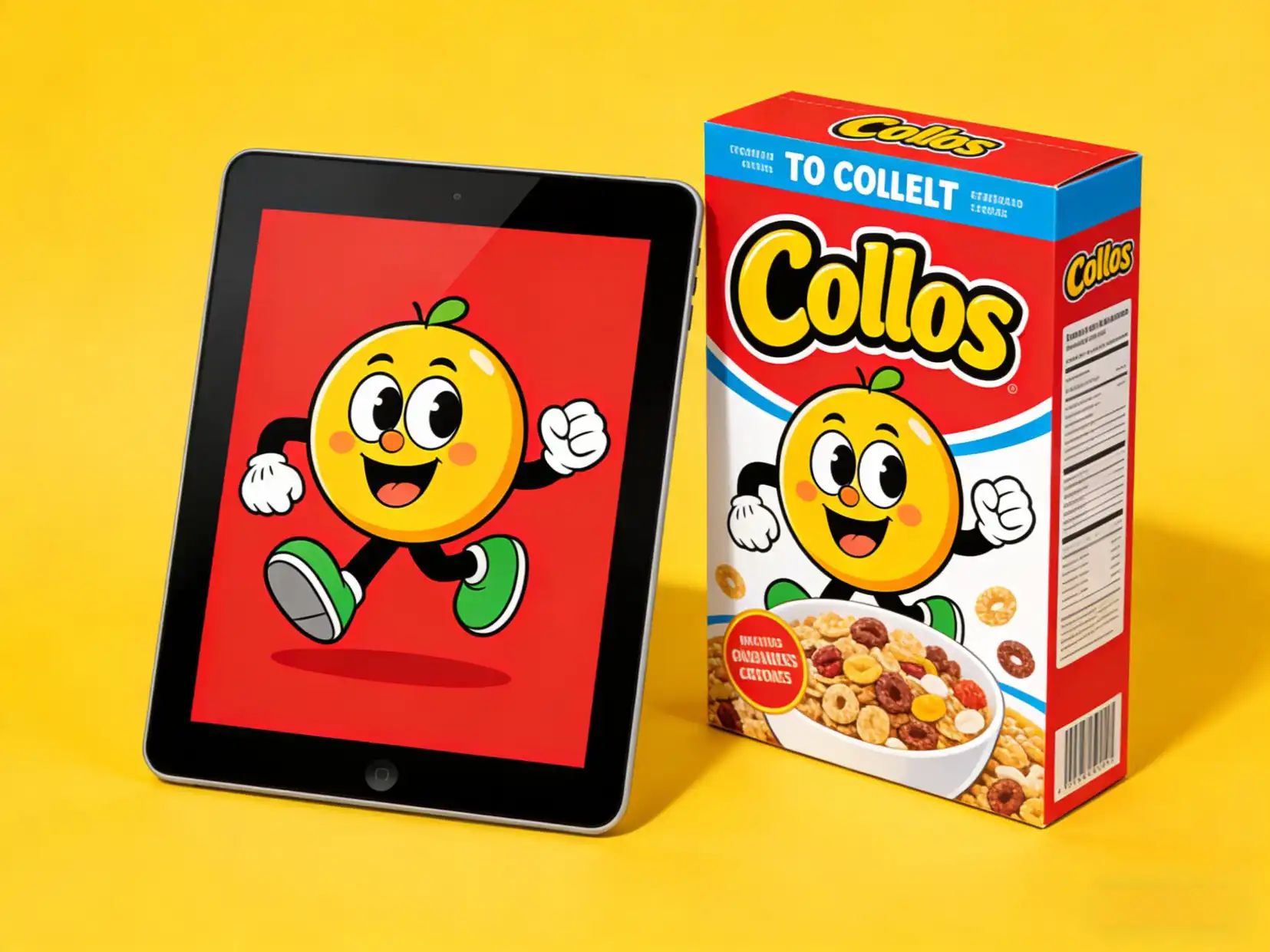 A modern, stylized cartoon mascot on a tablet screen and a cereal box