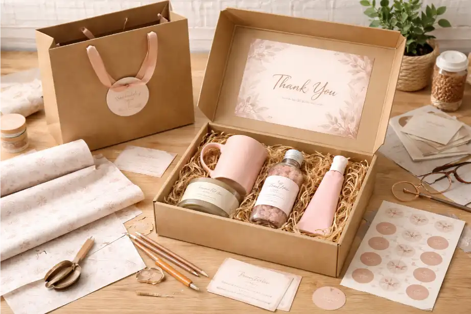 E-commerce gift set packaging prototype on worktable before production