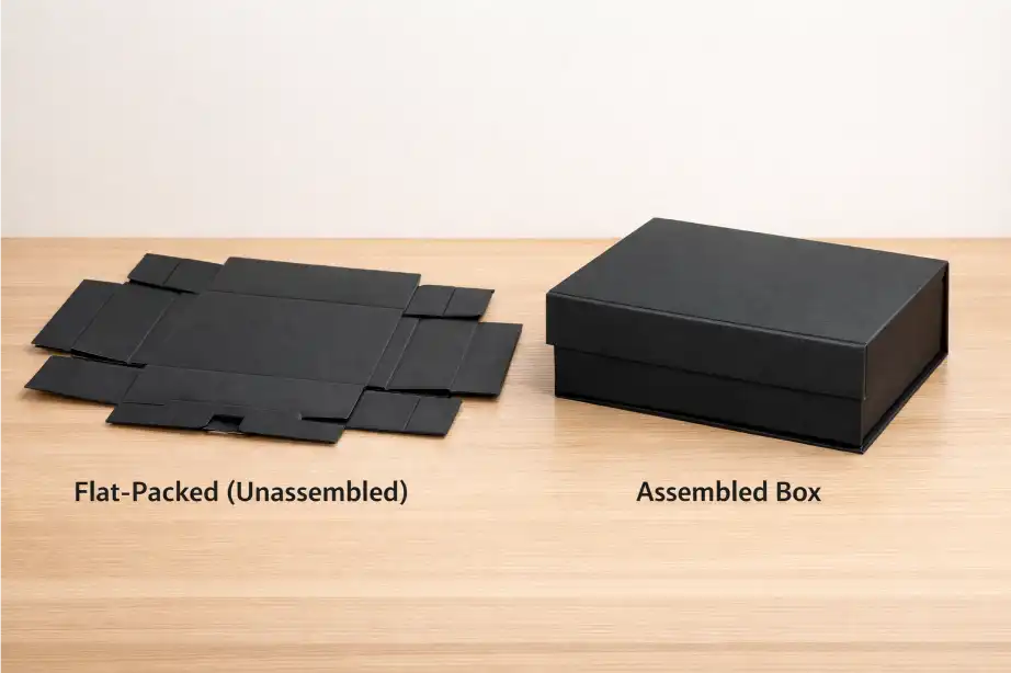 Flat-packed foldable rigid box compared with assembled rigid box