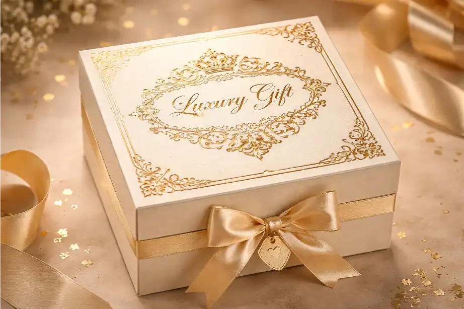 Foil and embossing finish details on gift box prototype sample