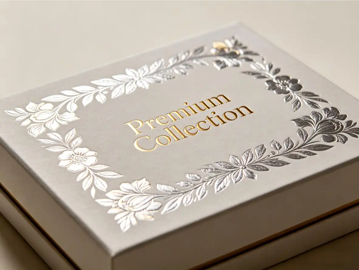 Foil and embossing details on premium jewelry box packaging
