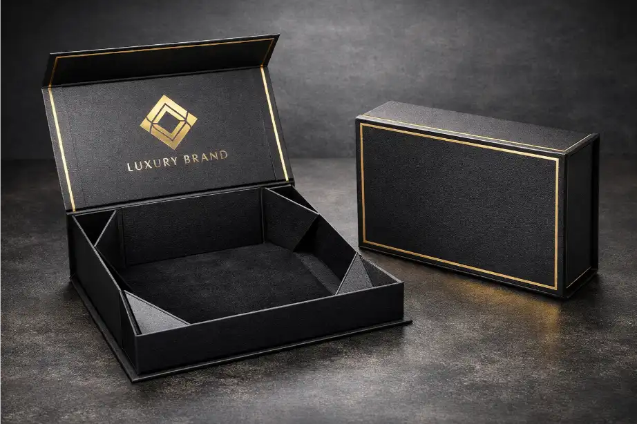 Foldable magnetic rigid box with premium material and finishing details