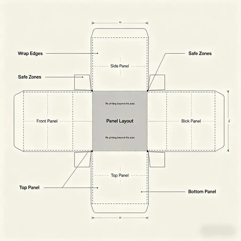 Gift box dieline showing wrap edges, safe zones, and panel layout