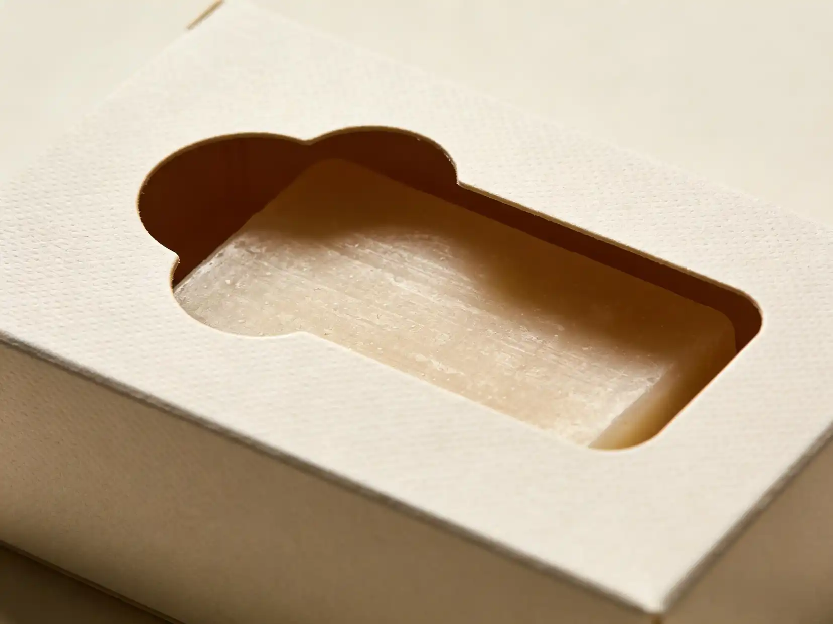 Close-up of a die-cut window on a holster soap box