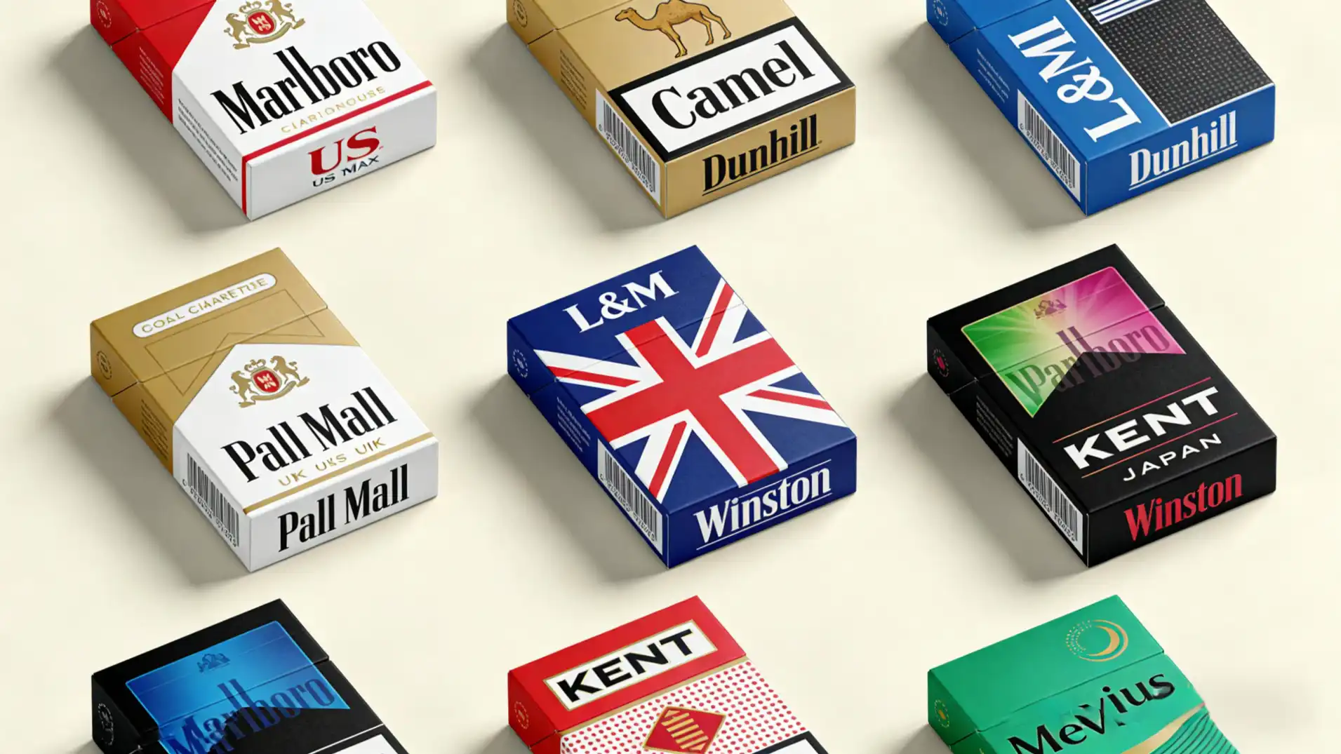 A collage of different cigarette packs from around the world