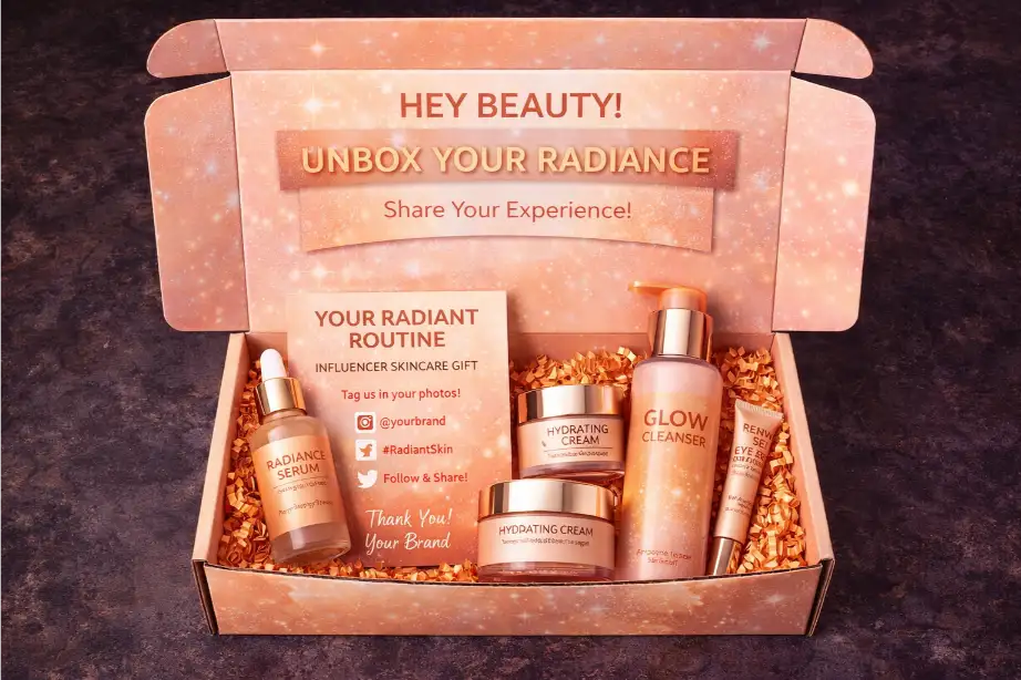 Mailing box layout with skincare products designed for influencer unboxing
