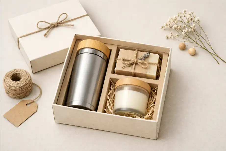 Minimal premium gift box with paper-based insert and sustainable material choices