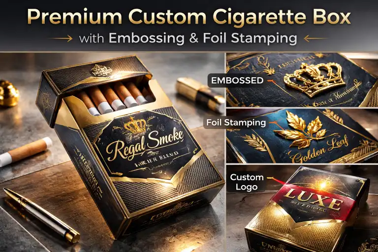 A close-up of a high-quality custom cigarette box with embossing and foil stamping