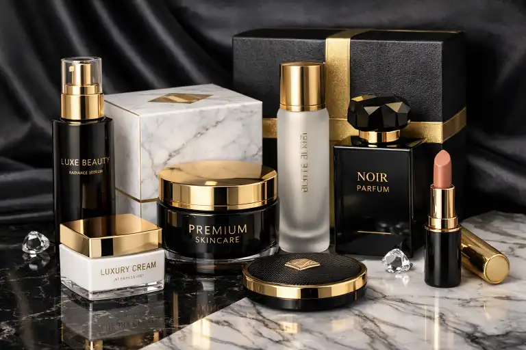 Premium cosmetic packaging with elegant materials and finishing details