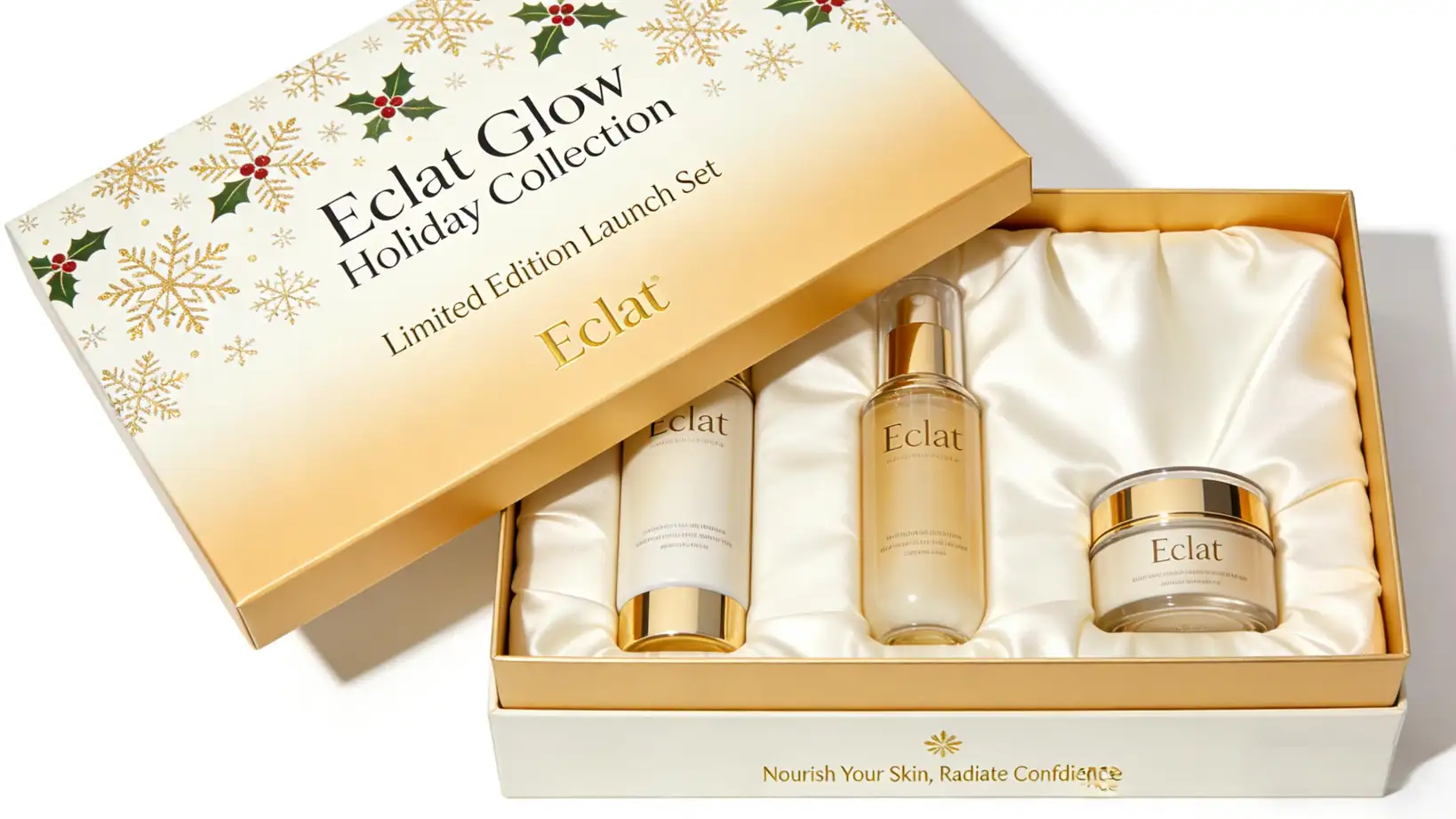 Beauty PR box for product launch with skincare and cosmetic products inside