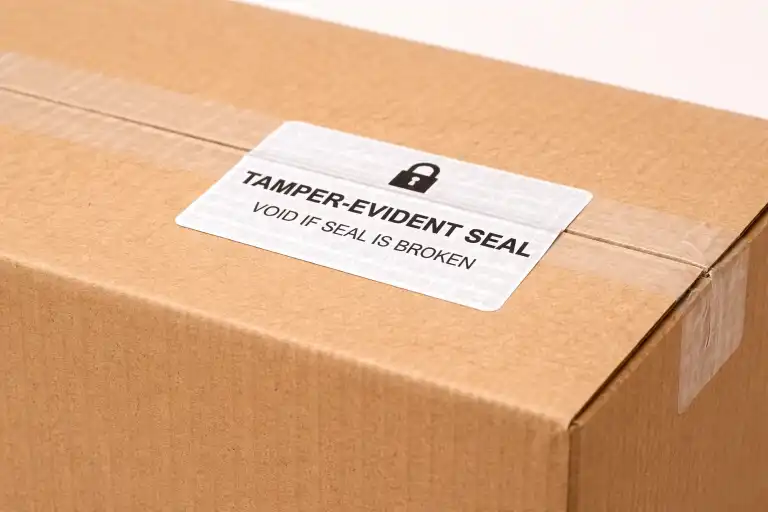 A tamper-evident seal on a discreet shipping box