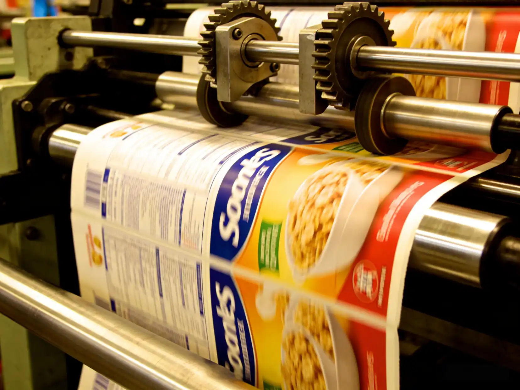 Close-up of a printing press running cereal box packaging