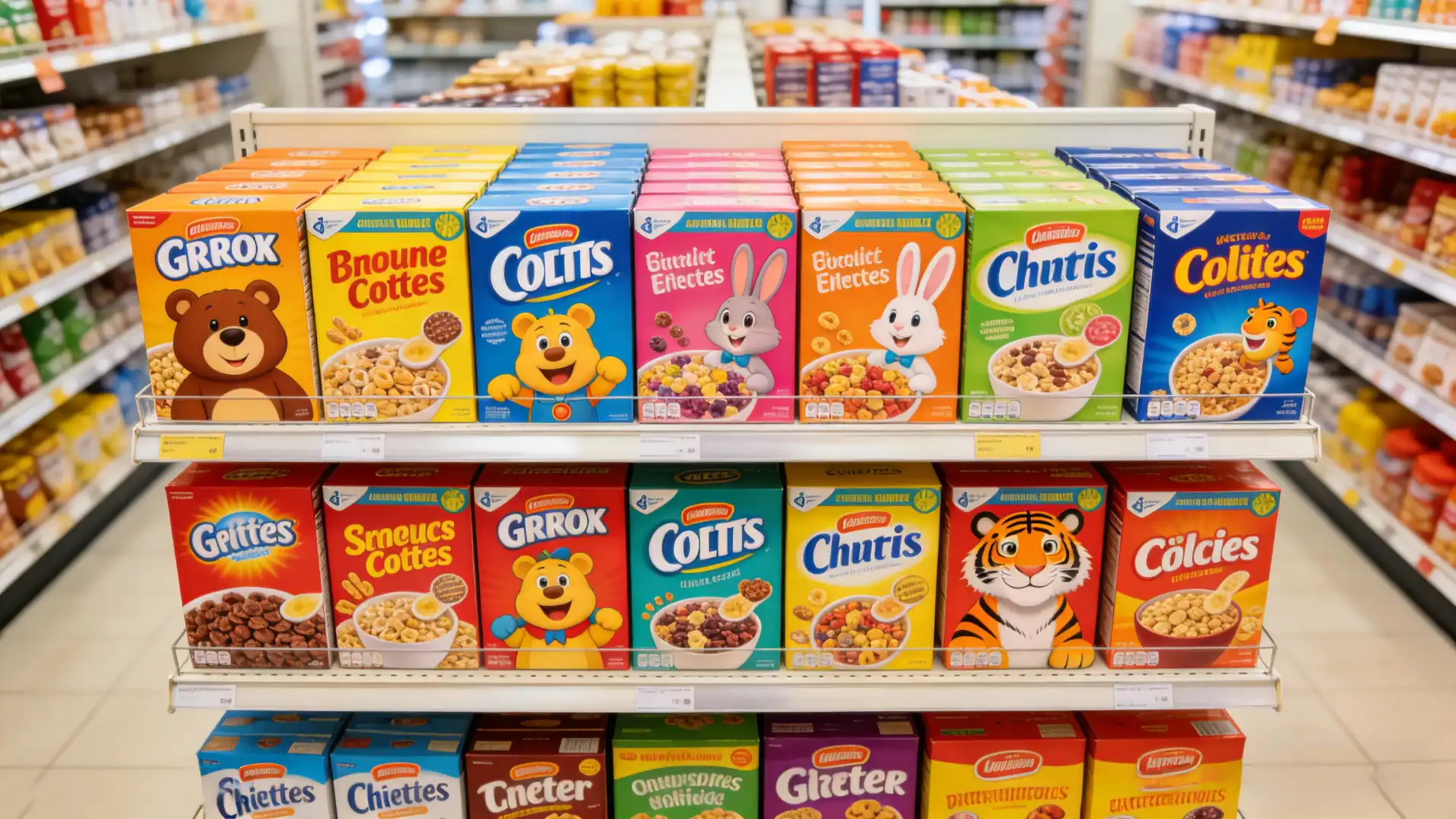 A colorful array of cereal boxes with mascots on a supermarket shelf