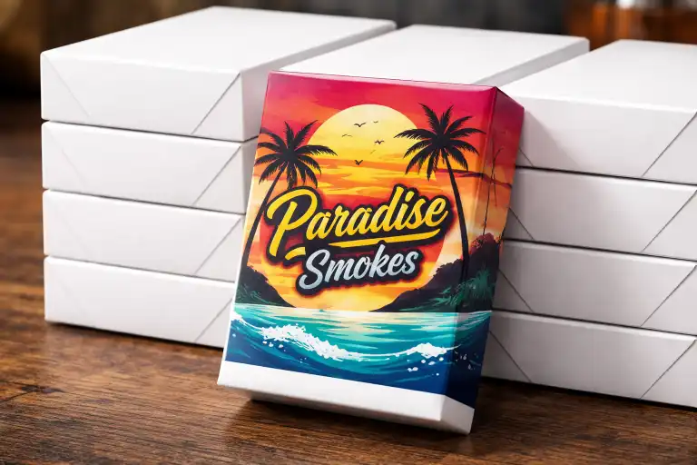 A stack of plain white cigarette boxes, with one in the front having a custom label applied to it