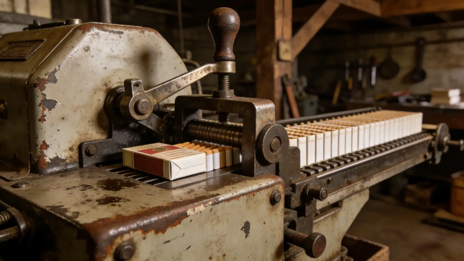 An old, vintage-style cigarette packing machine