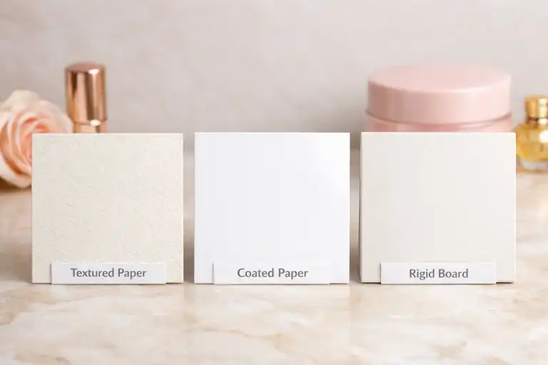 Textured paper, coated paper, and rigid board samples for cosmetic packaging