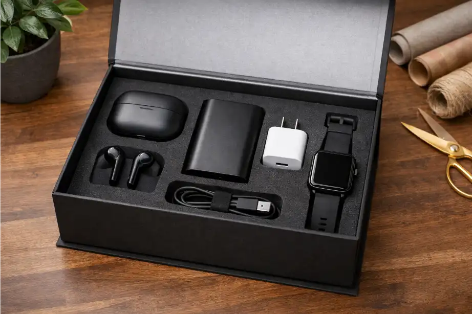 Products being tested inside a custom insert in gift box prototype