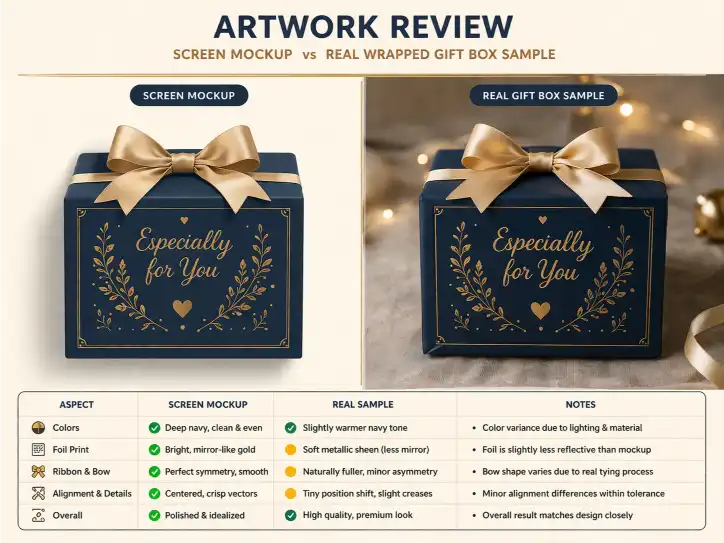 Artwork review showing screen mockup versus real wrapped gift box sample