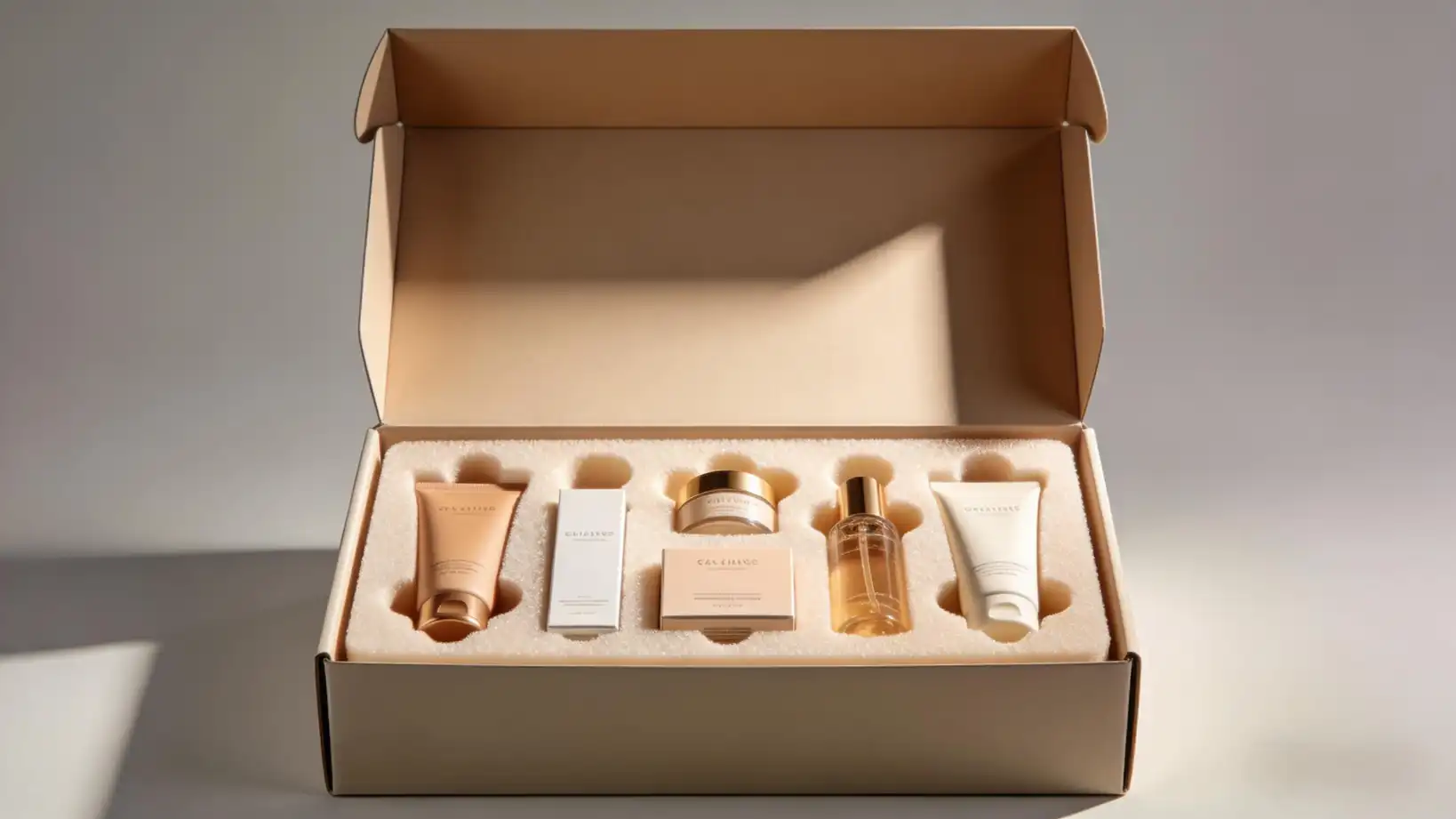 Open gift box with custom insert holding multiple products securely