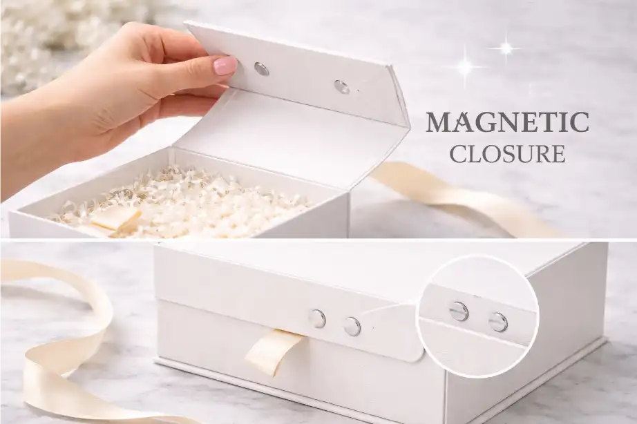 Beauty products arranged inside a magnetic closure rigid box