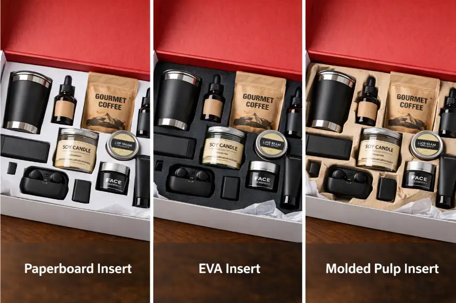 Comparison of paperboard insert and EVA insert for custom gift packaging