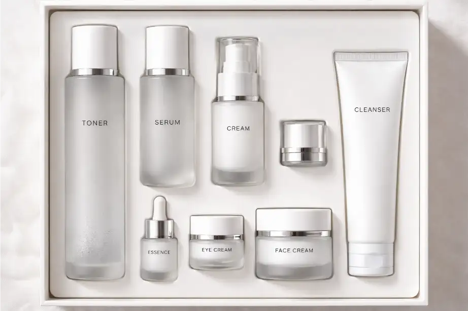 Skincare products arranged inside a custom insert in a premium gift box
