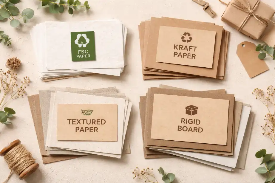 FSC paper, kraft paper, textured paper, and rigid board samples for sustainable gift boxes