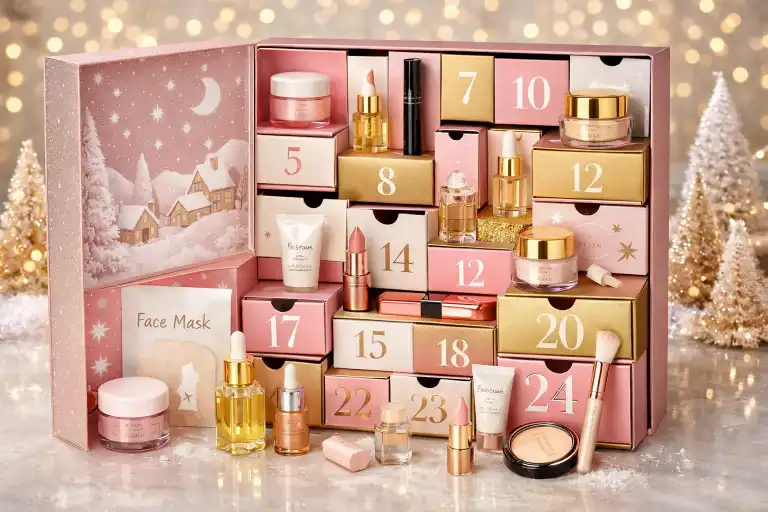 Beauty advent calendar box with skincare and cosmetic products arranged in numbered compartments