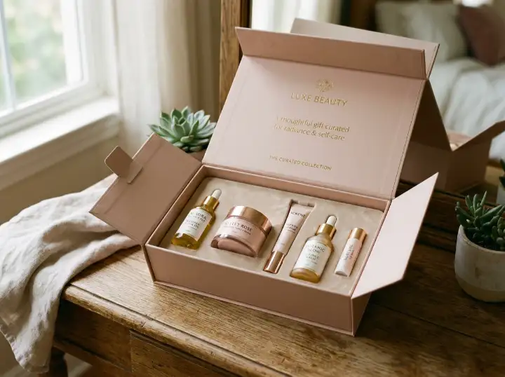 Beauty and skincare products packed in a magnetic closure gift box