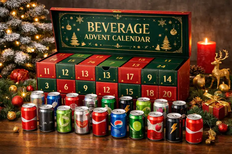 Beverage advent calendar box with mini cans arranged in premium holiday packaging