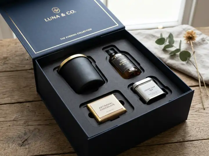 Custom die-cut paper insert cavities for a gift box