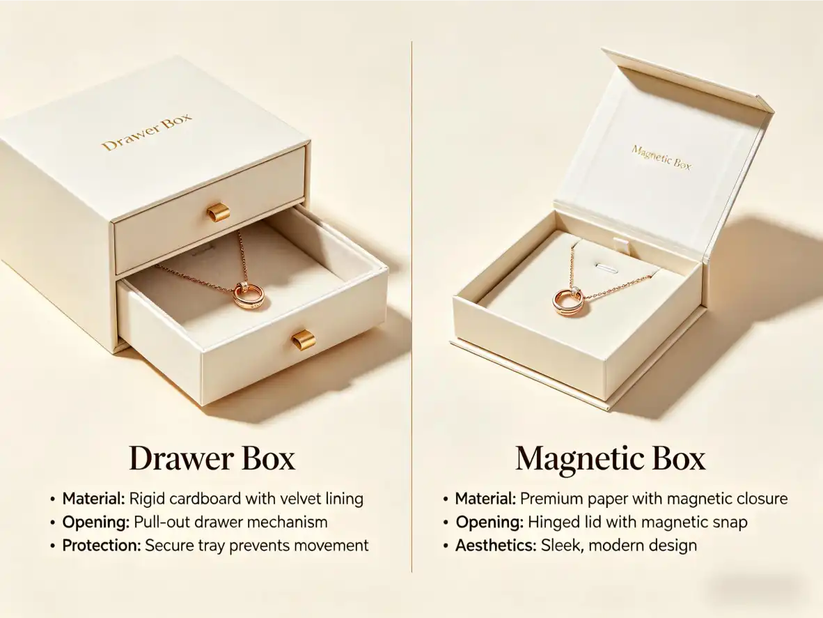 Drawer box and magnetic box comparison for jewelry gift packaging
