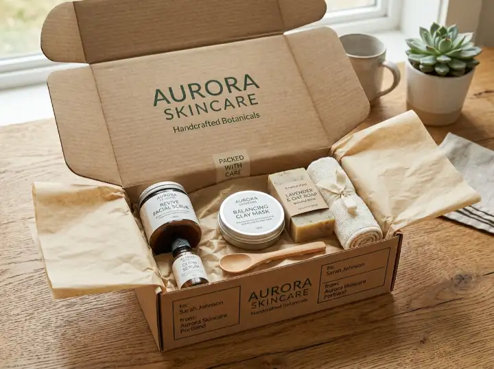 E-commerce gift set packed in a custom mailer box