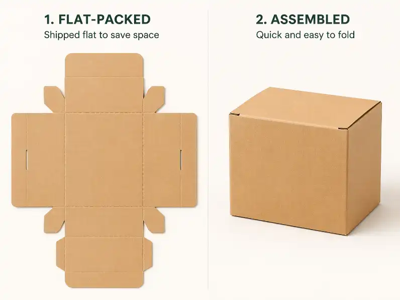 Foldable box shown flat-packed and assembled