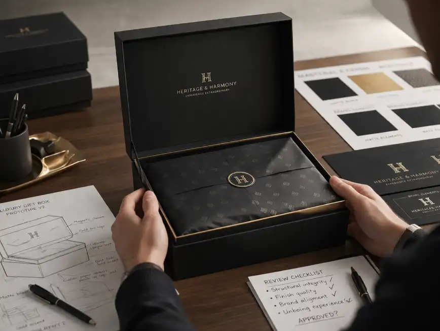 Luxury gift box prototype reviewed on worktable before final approval