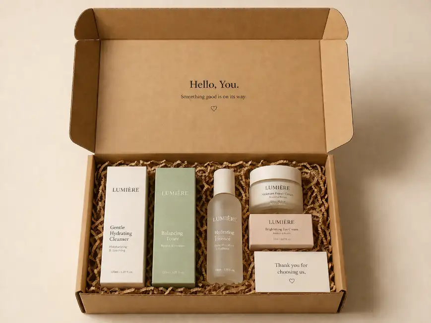 Mailer box opened with products arranged neatly inside