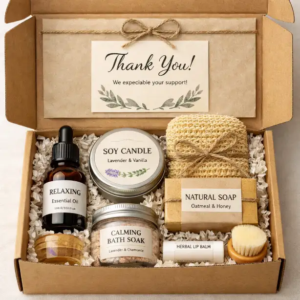 Mailer box opened with products arranged neatly inside