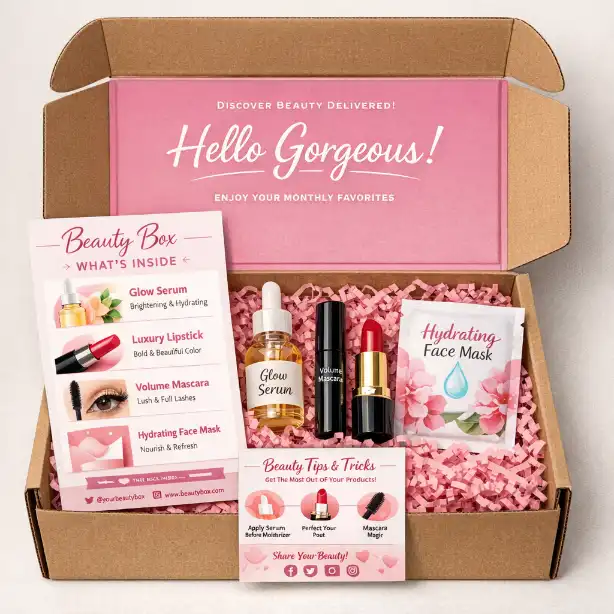 Mailer-style beauty subscription box with neat insert layout